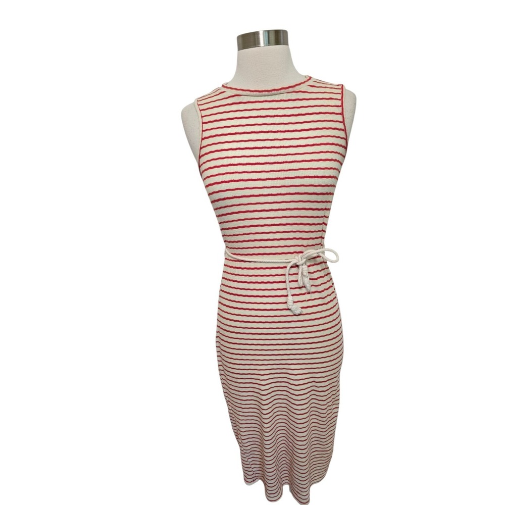 Vero Moda Womens Ribbed Midi Dress Size XS with Rope Belt Red Stripes
